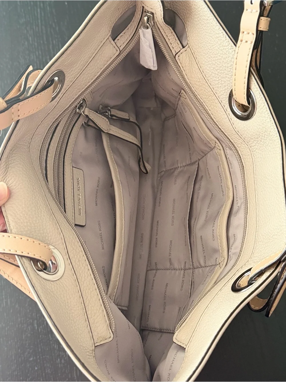 Michael Kors Light Beige Pebbled Leather Shoulder Bag with Gold Logo